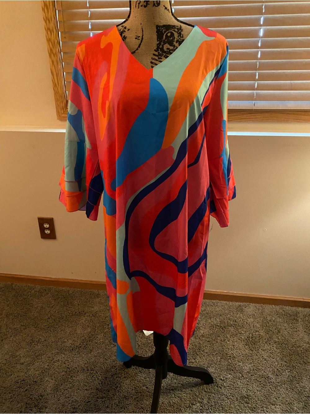 Source Unknown V-Neck Midi Dress in Bright Multi-Color Swirl